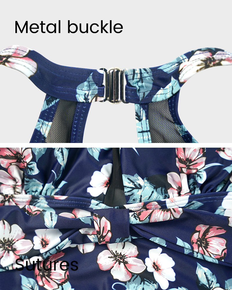 Floral Print Mesh-Inset High Neck Swimsuit