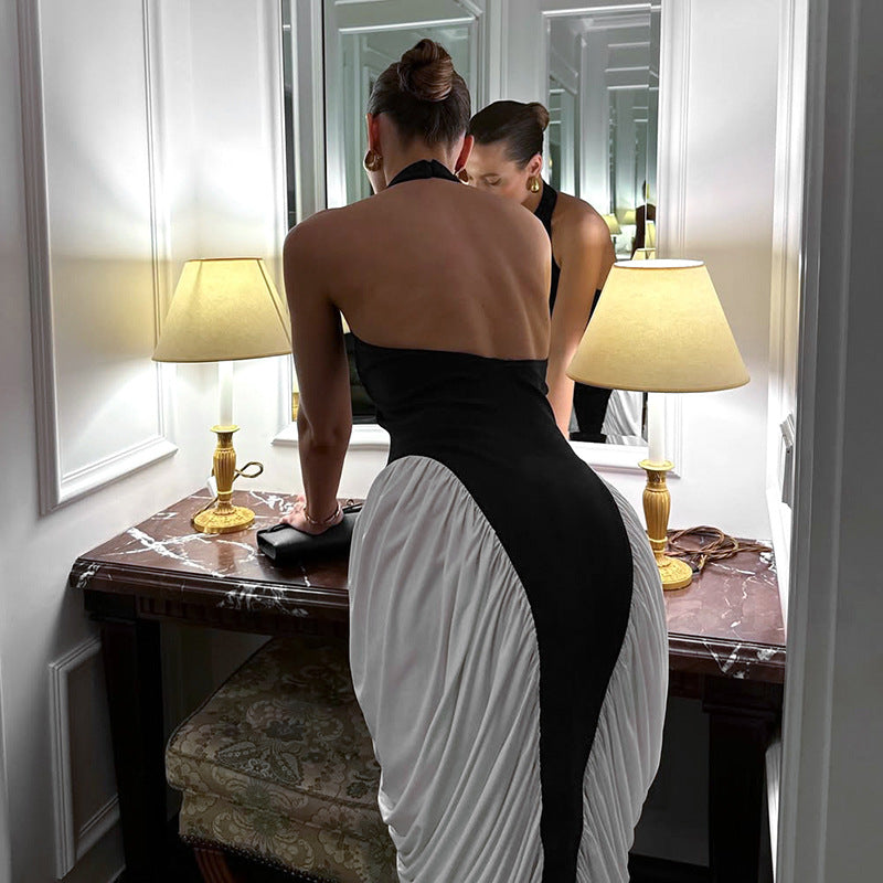 Halter Maxi Dress with  Contrasting Ruched Paneling - Black/White