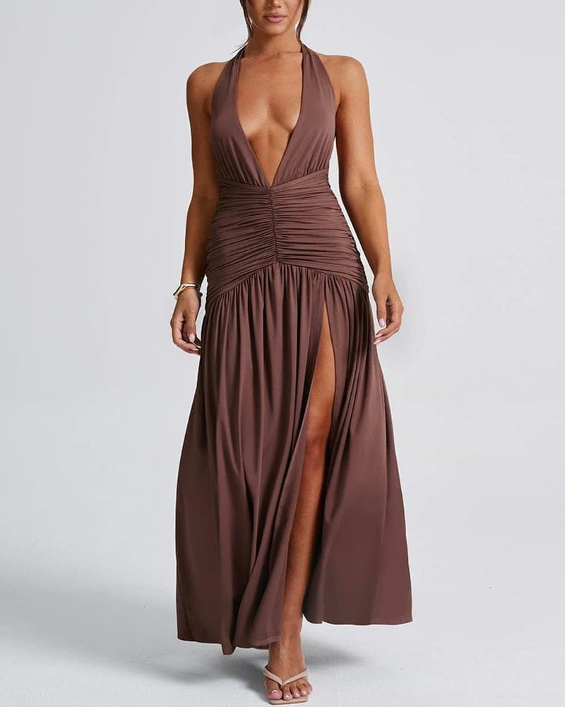 Deep V Neck Backless Ruched Split Thigh White Halter Vacation Dress