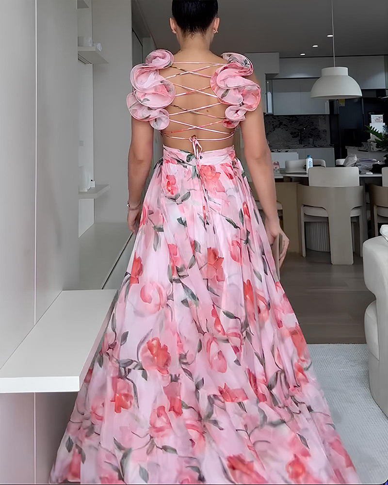 V Neck Halter Back Ruffle Strap Floral Beach Holiday Dress