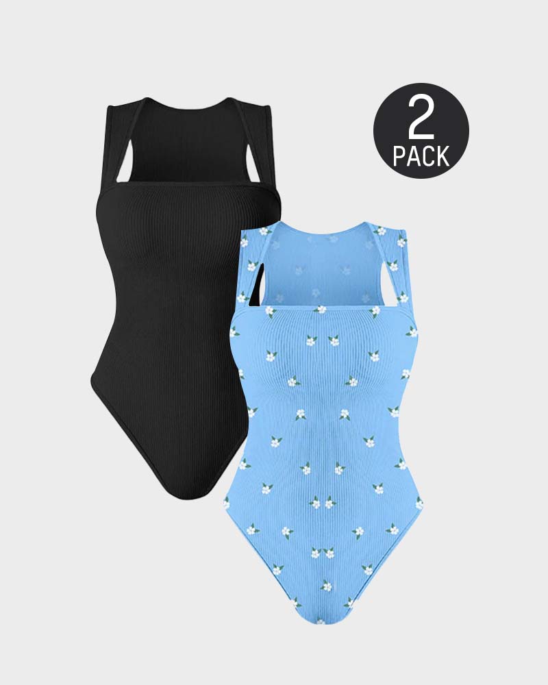 Women's Square Neck Sleeveless Knit Ribbed Vest Bodysuit