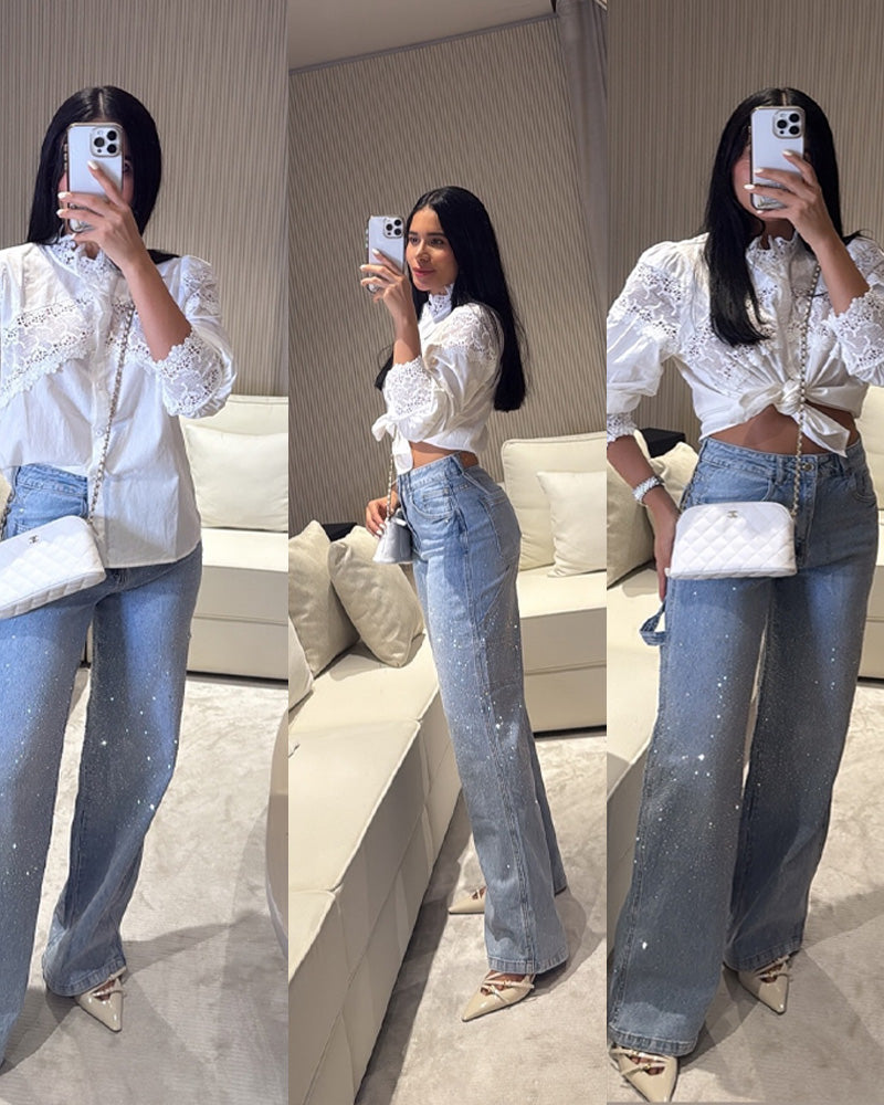 Women's Rhinestone High-Rise Washed Straight Jeans