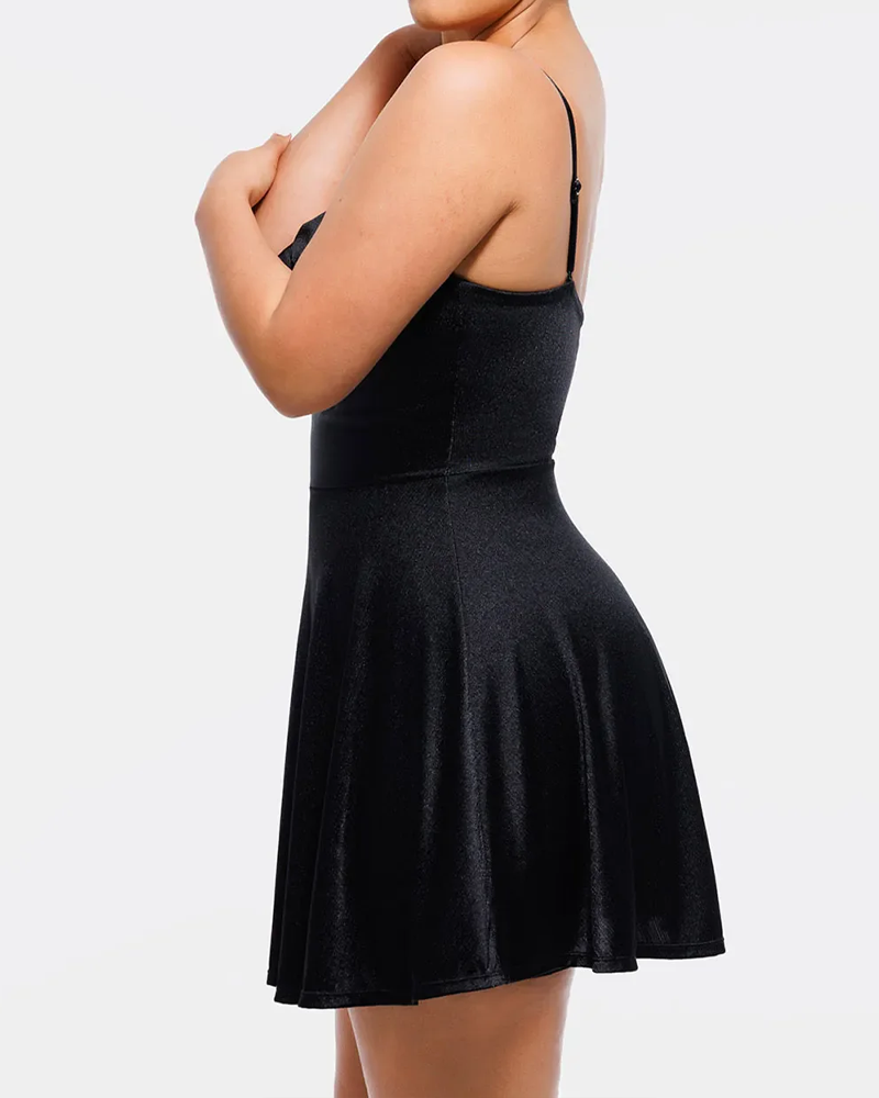 Women's Solid Color Shapewear Strappy Cowl Neck Tummy Control Flare Dress