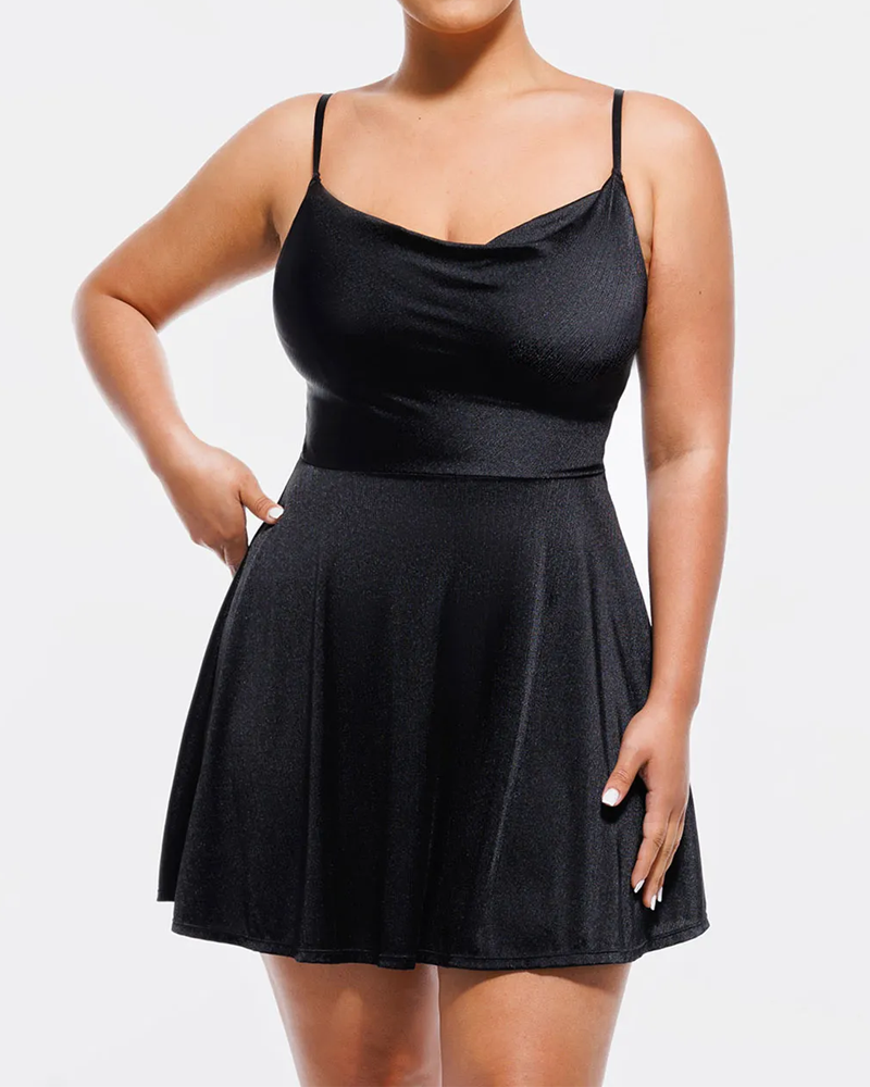 Women's Solid Color Shapewear Strappy Cowl Neck Tummy Control Flare Dress