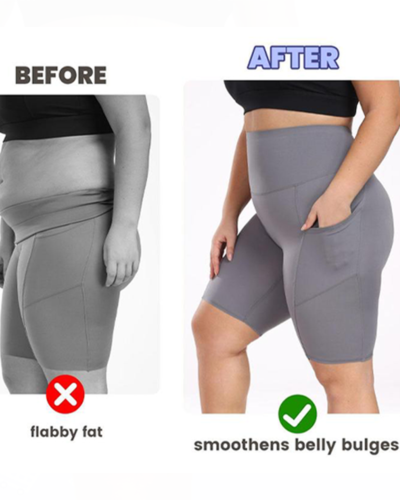 Women's Tummy Control High Waist Casual Elastic Band Pocket Yoga Sports Plus Size Shorts