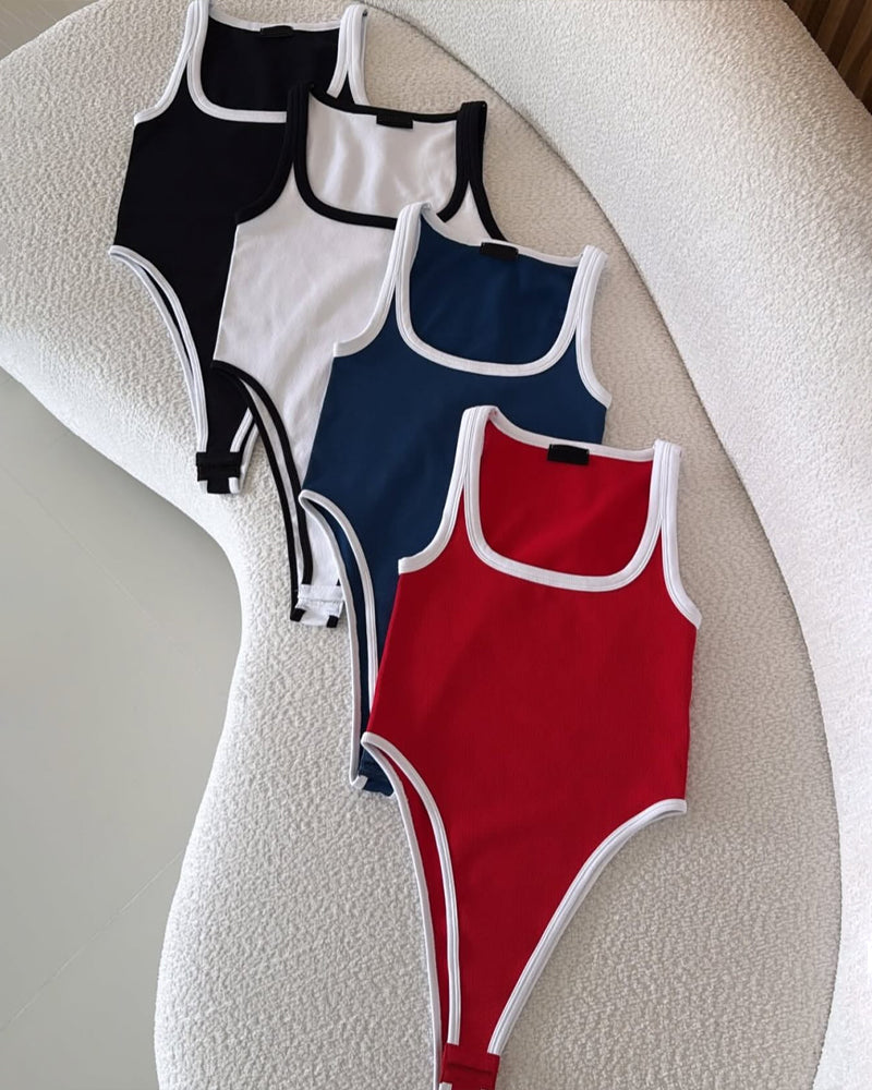 Women's Sexy Colorblock Square Neck Sleeveless Bodysuit