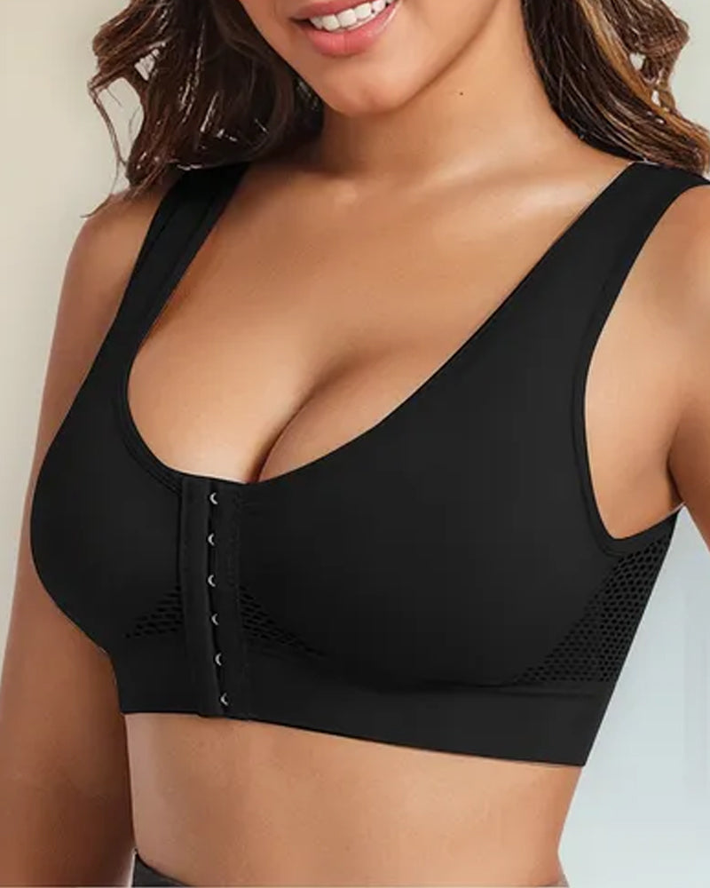 Women's Front-Clasp Plus Size High Support Back Mesh Breathable Wire-Free Sports Bra
