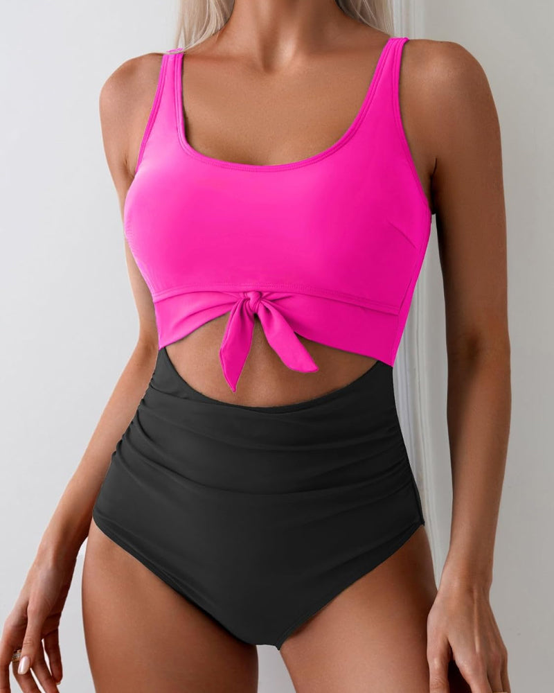 Women's Contrast Color Stitch Hollow Design Lace-Up One-Piece Swimsuit