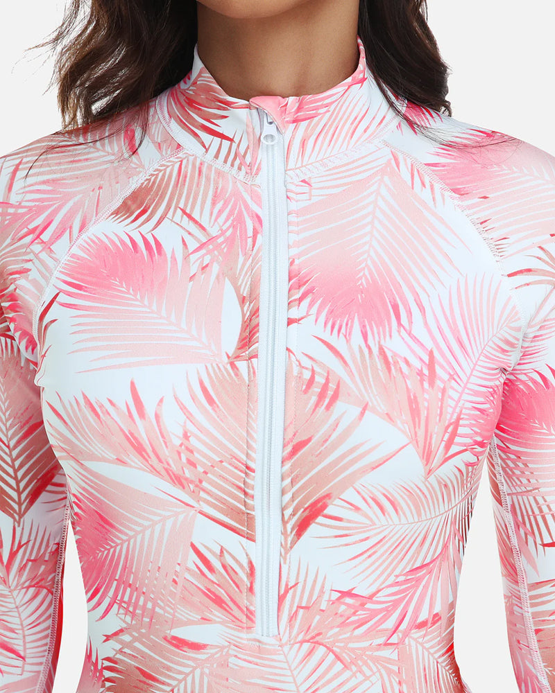 Beach Vacation Print UPF50+ Ruffled Skirt Long Sleeve One-Piece Swimsuit