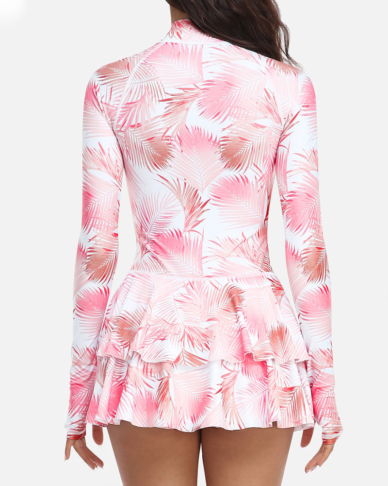 Beach Vacation Print UPF50+ Ruffled Skirt Long Sleeve One-Piece Swimsuit