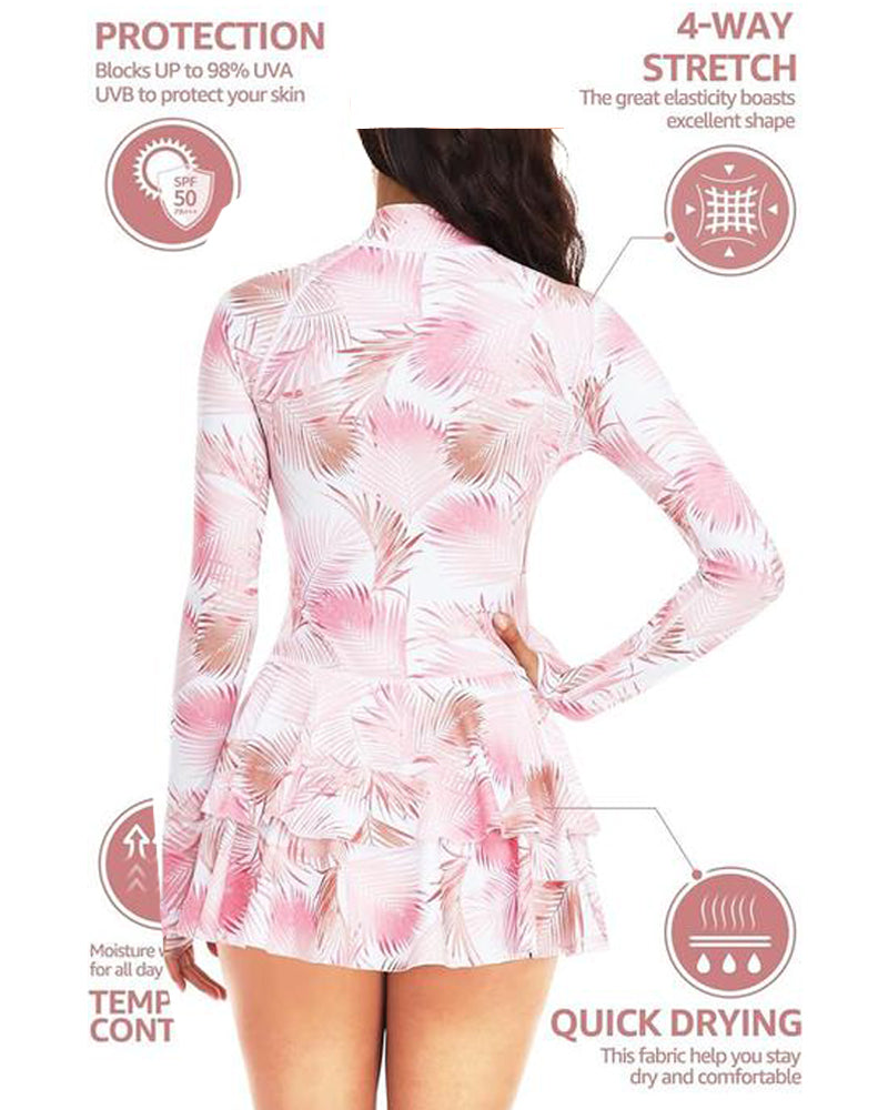 Beach Vacation Print UPF50+ Ruffled Skirt Long Sleeve One-Piece Swimsuit