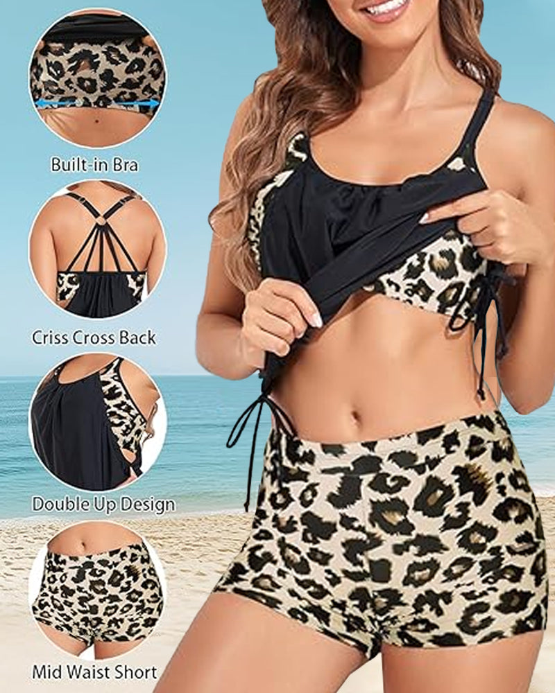 Vintage Leopard Print Adjustable Strap Swimsuit and Side Drawstring Swim Shorts Two-Piece Set
