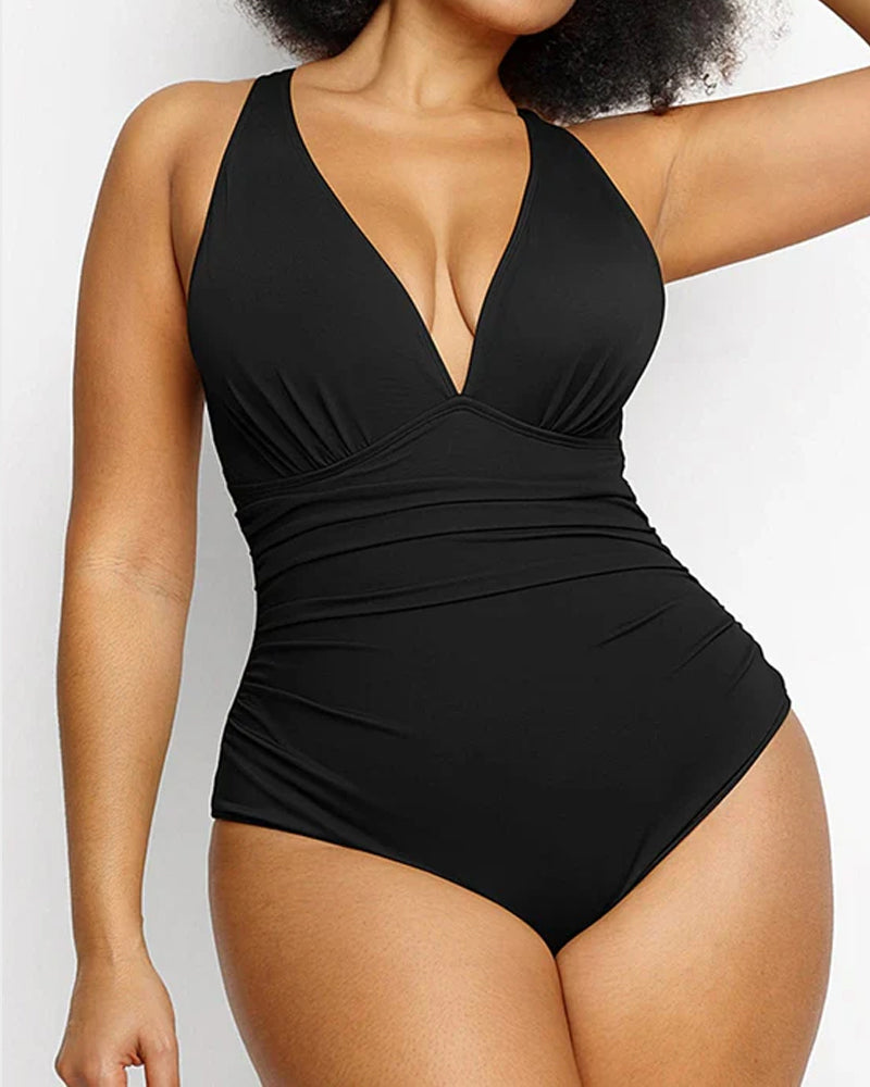 Beach Vacation Solid Color Deep V Sexy One-Piece Swimsuit