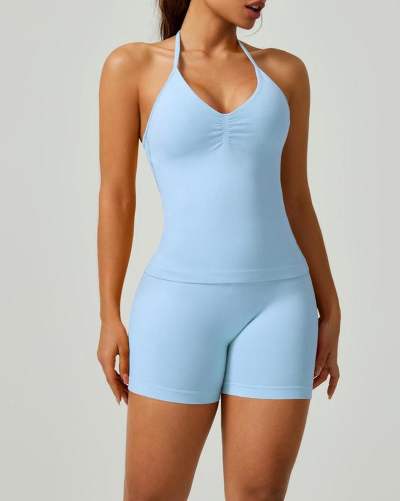 Solid Color Pleated Breathable Backless Top and High Waist Hip-Lifting Shorts Yoga Fitness Set