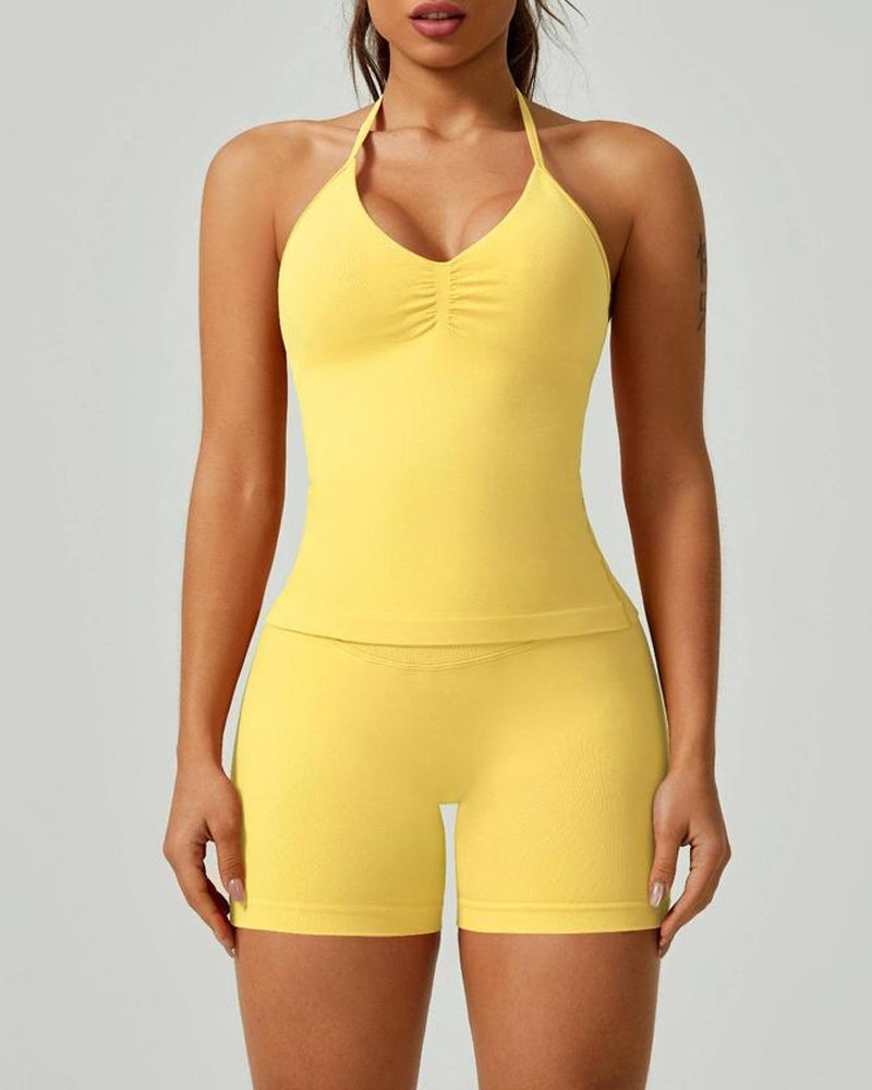 Solid Color Pleated Breathable Backless Top and High Waist Hip-Lifting Shorts Yoga Fitness Set
