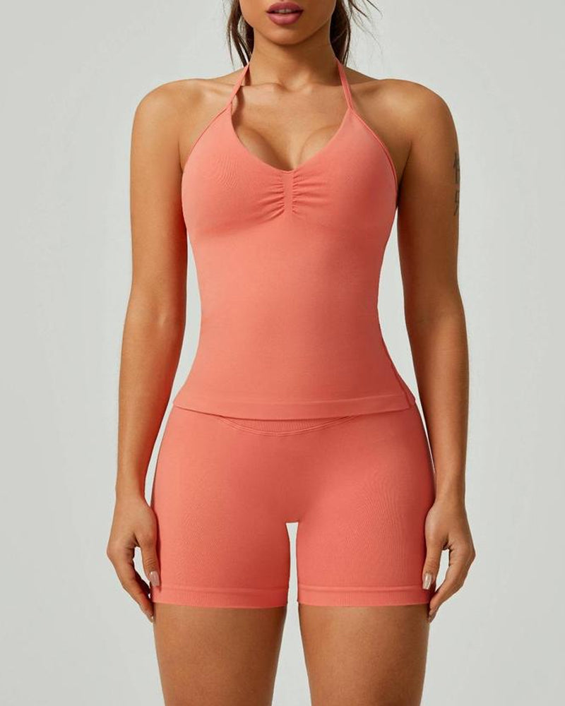 Solid Color Pleated Breathable Backless Top and High Waist Hip-Lifting Shorts Yoga Fitness Set