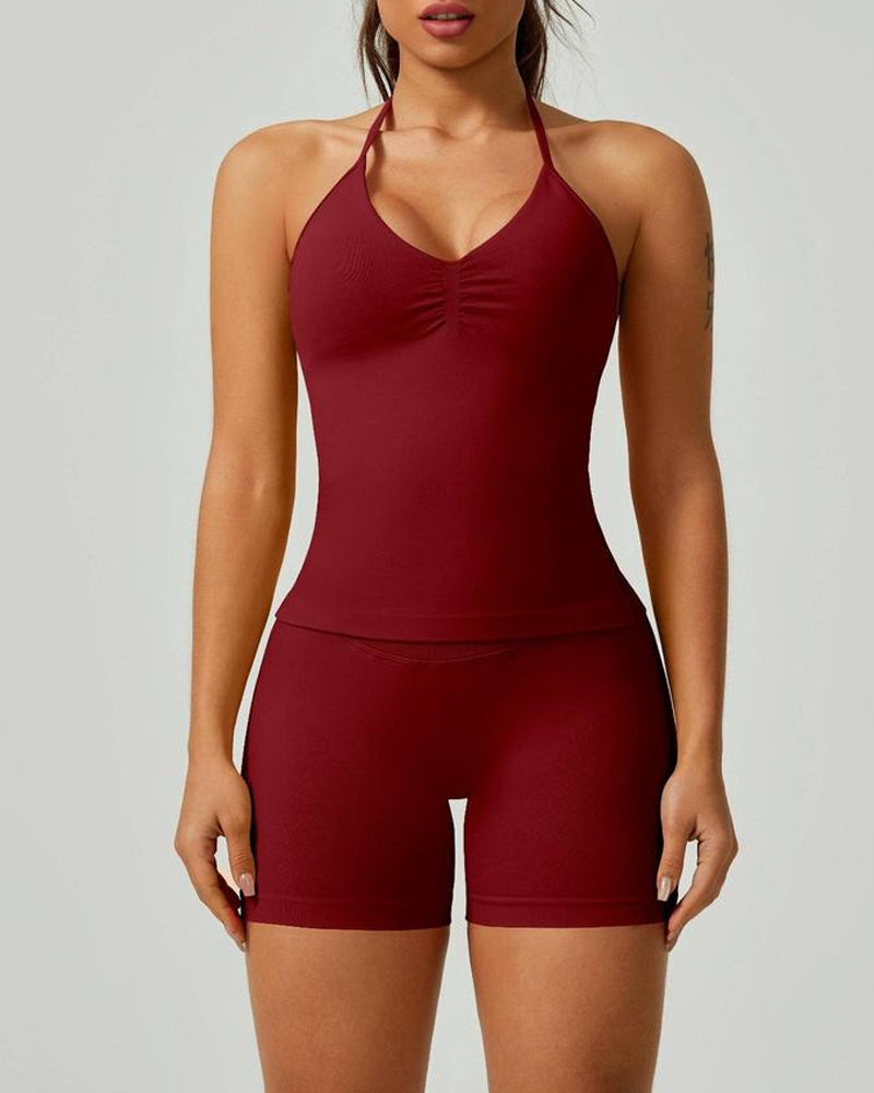 Solid Color Pleated Breathable Backless Top and High Waist Hip-Lifting Shorts Yoga Fitness Set