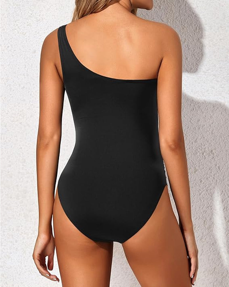 Women's Tummy-Control Mesh One-Shoulder One-Piece Swimsuit