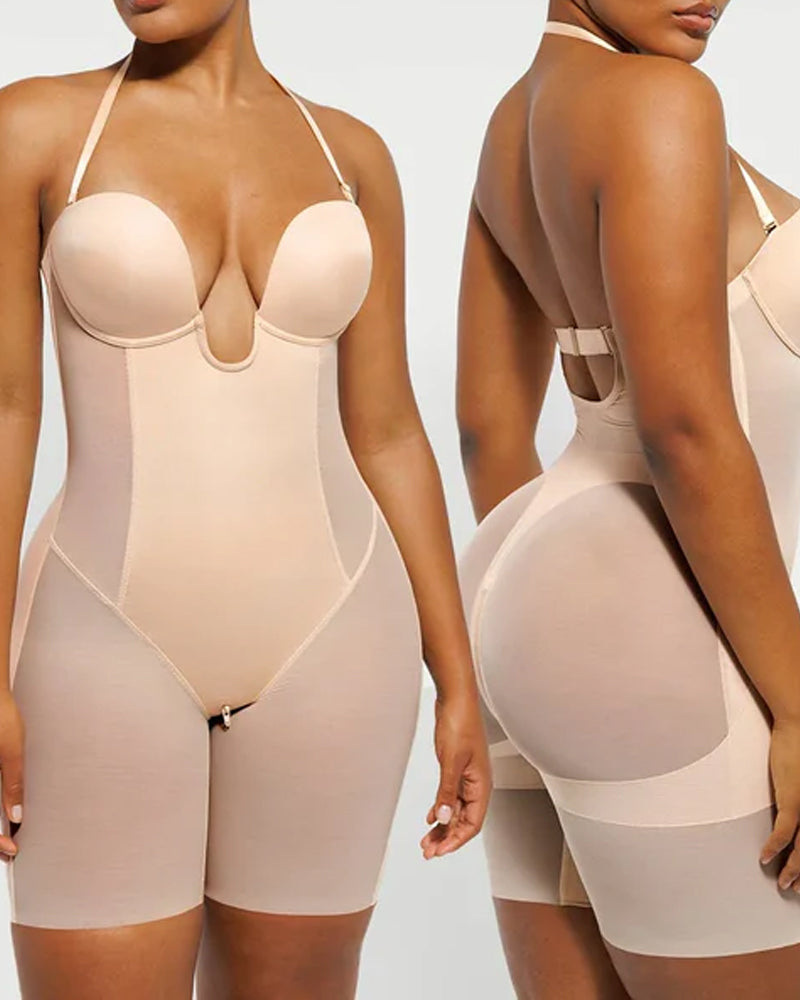 Women's Adjustable Straps Deep V Tummy Control Backless Crotch Zipper All-in-One Body Shaper