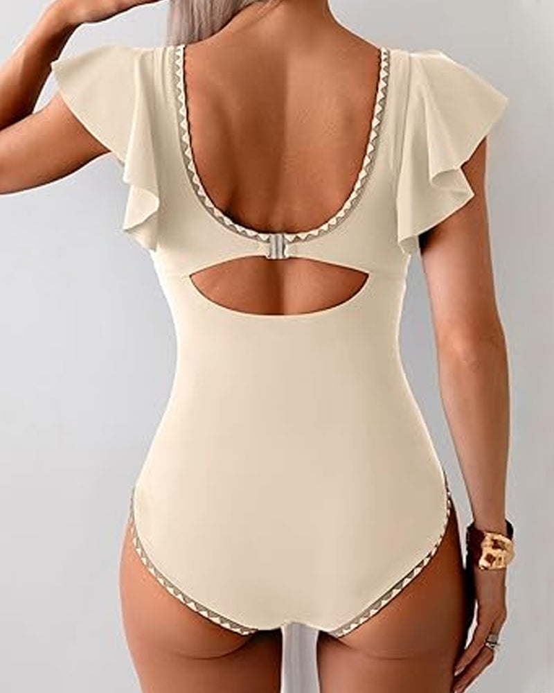 Deep V Ruffle Short-Sleeve Tummy-Controlling Printed One-Piece Swimsuit