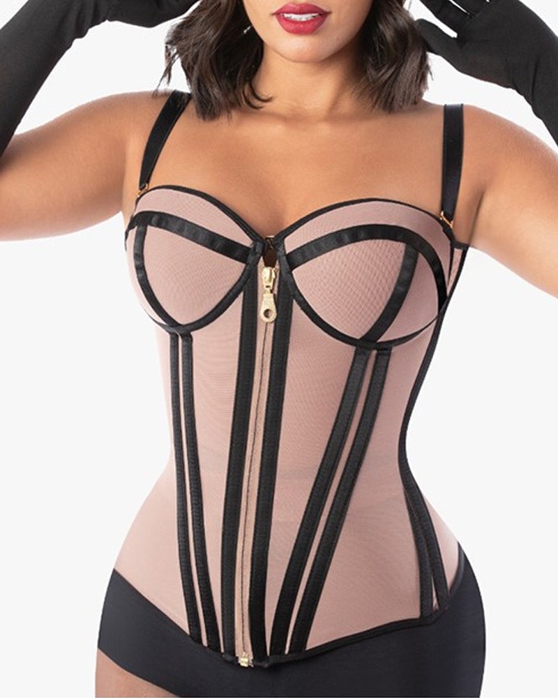 Sexy Bandeau Colorblock Removable Straps Shapewear Corset Top with Zipper