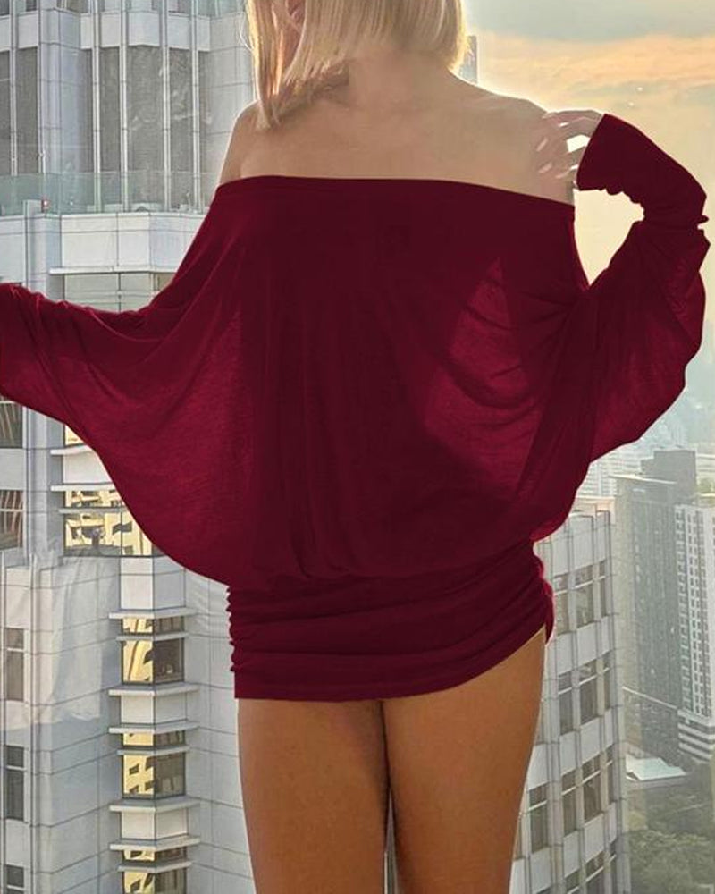 Women's Sexy Loose See-through Bat Sleeve Off-the-shoulder Long Sleeve Mini-Pleated Dress