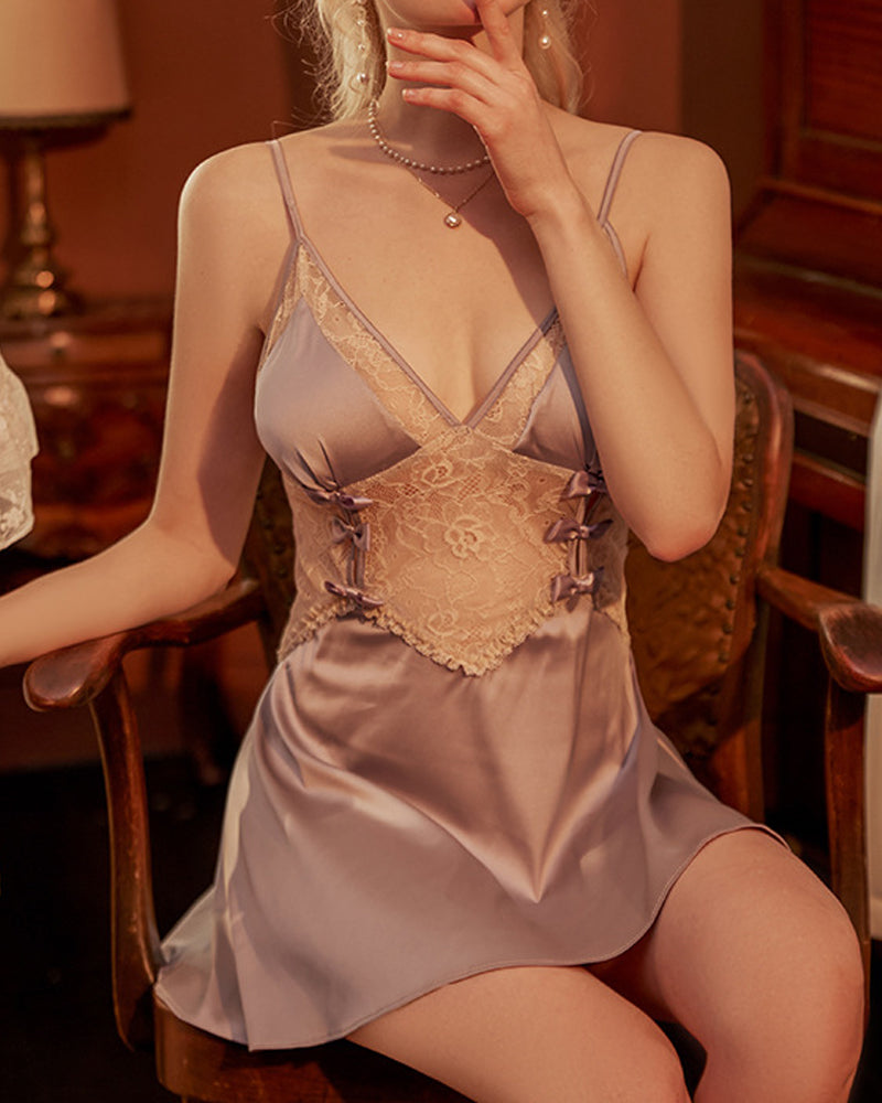 Women's V-Neck Lace Colorblock Ice Silk Bow Design Suspender Nightdress