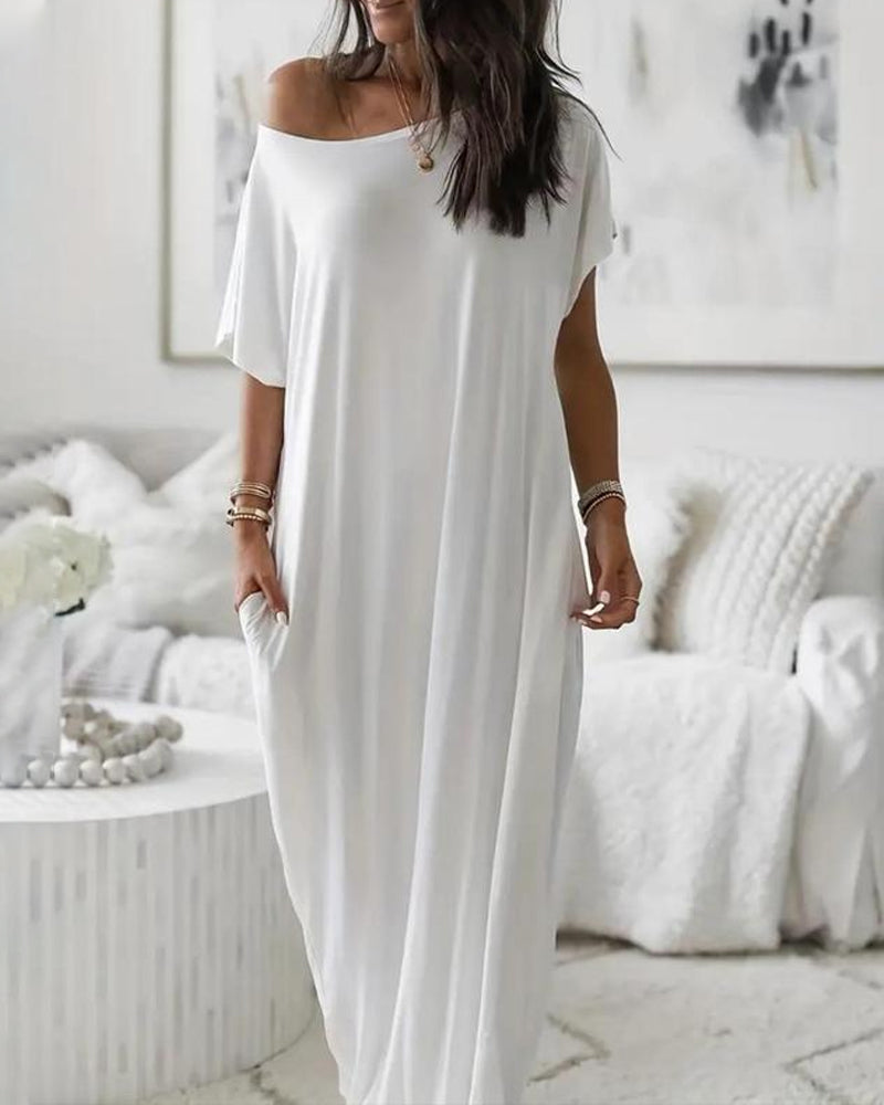 Women's Solid Color Bat Sleeve Casual Comfortable Short Sleeve Dress