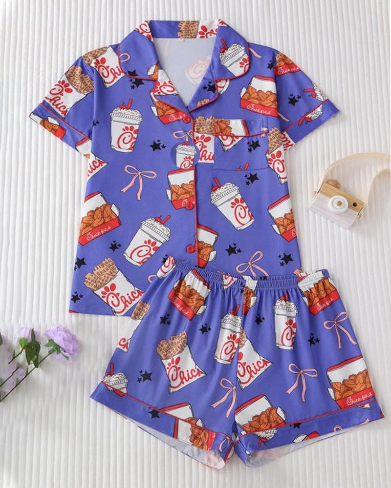 Women's Funny Fried Chicken Print Lapel Short Sleeve Shirt and Shorts Pajama Two-Piece Set