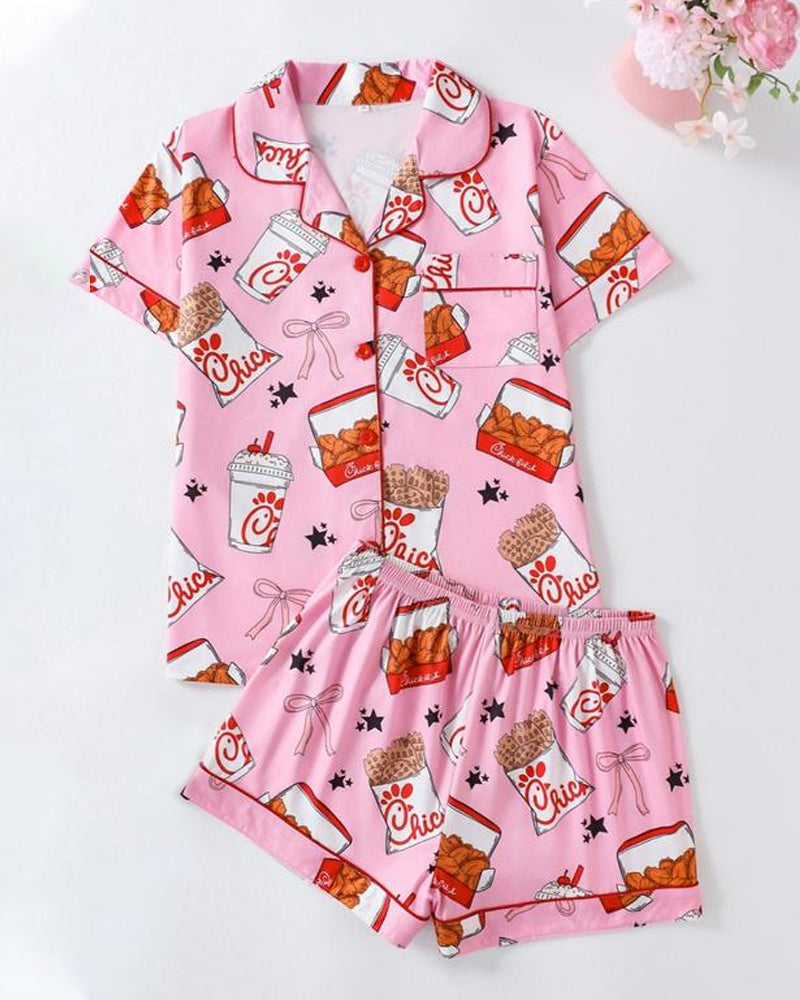 Women's Funny Fried Chicken Print Lapel Short Sleeve Shirt and Shorts Pajama Two-Piece Set
