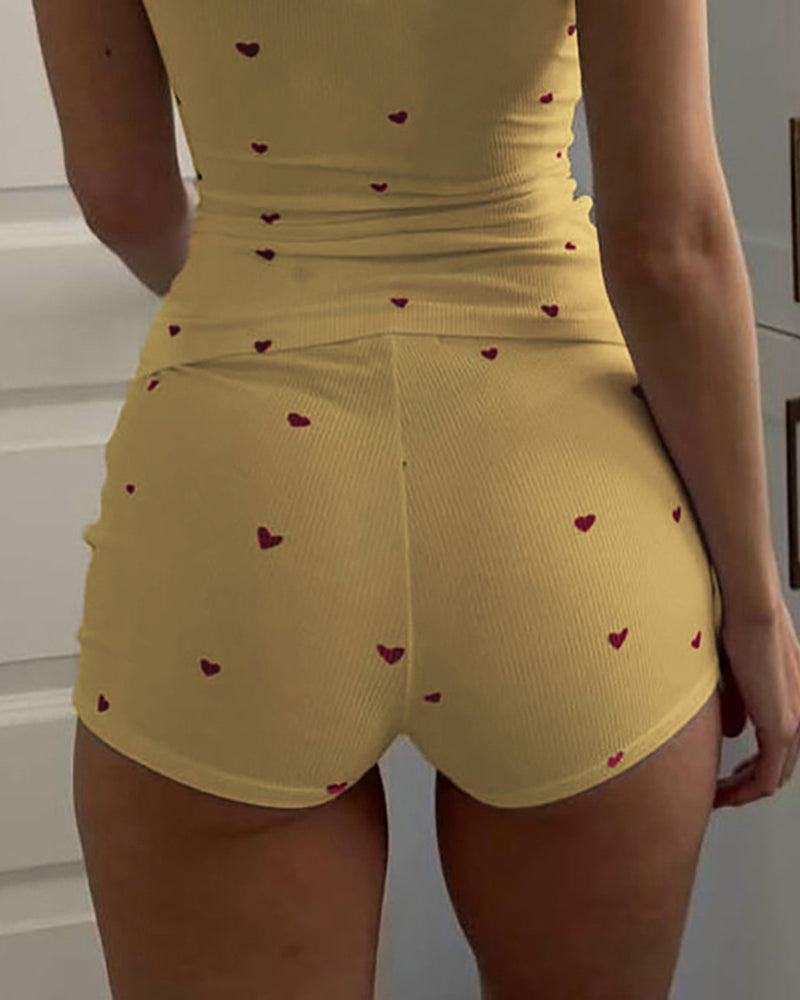Women's Heart Pattern U Neck Tank Top and Casual Elastic Waist Shorts 2-Piece Set