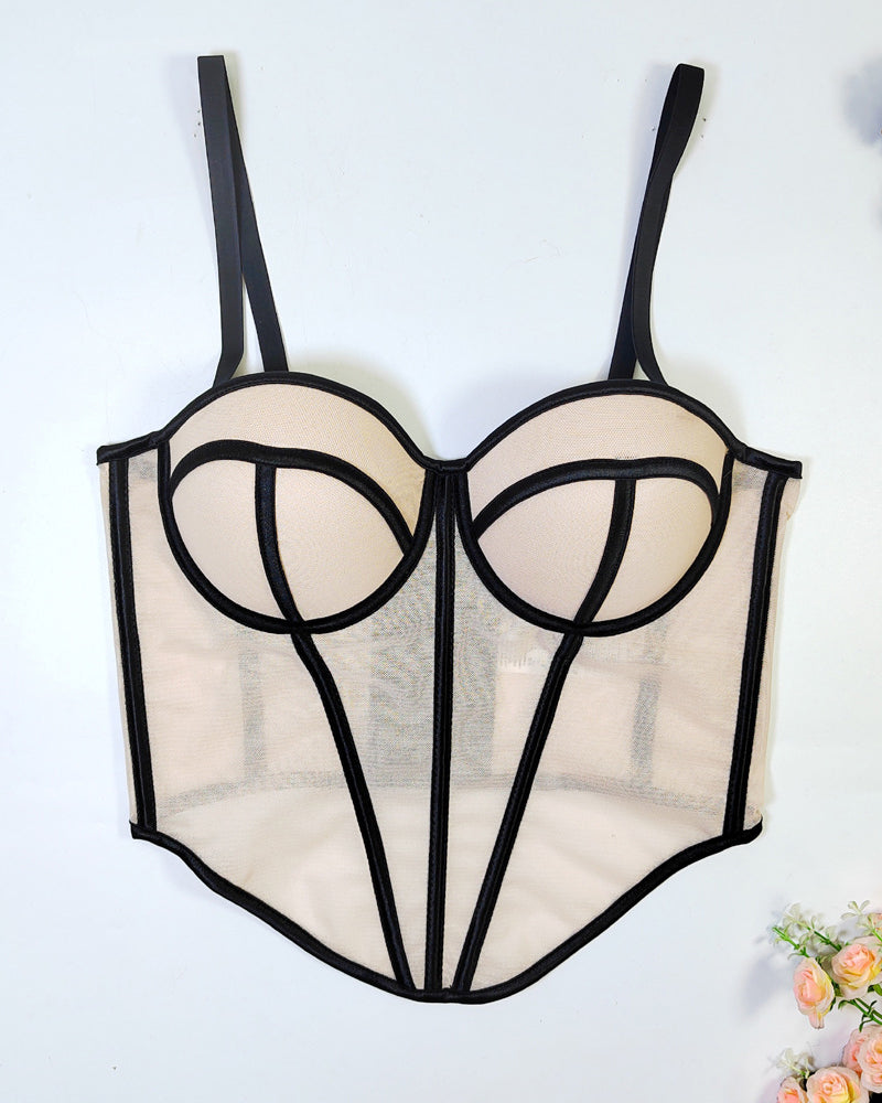 Sexy Herringbone Mesh Contrast Color Bustier Top