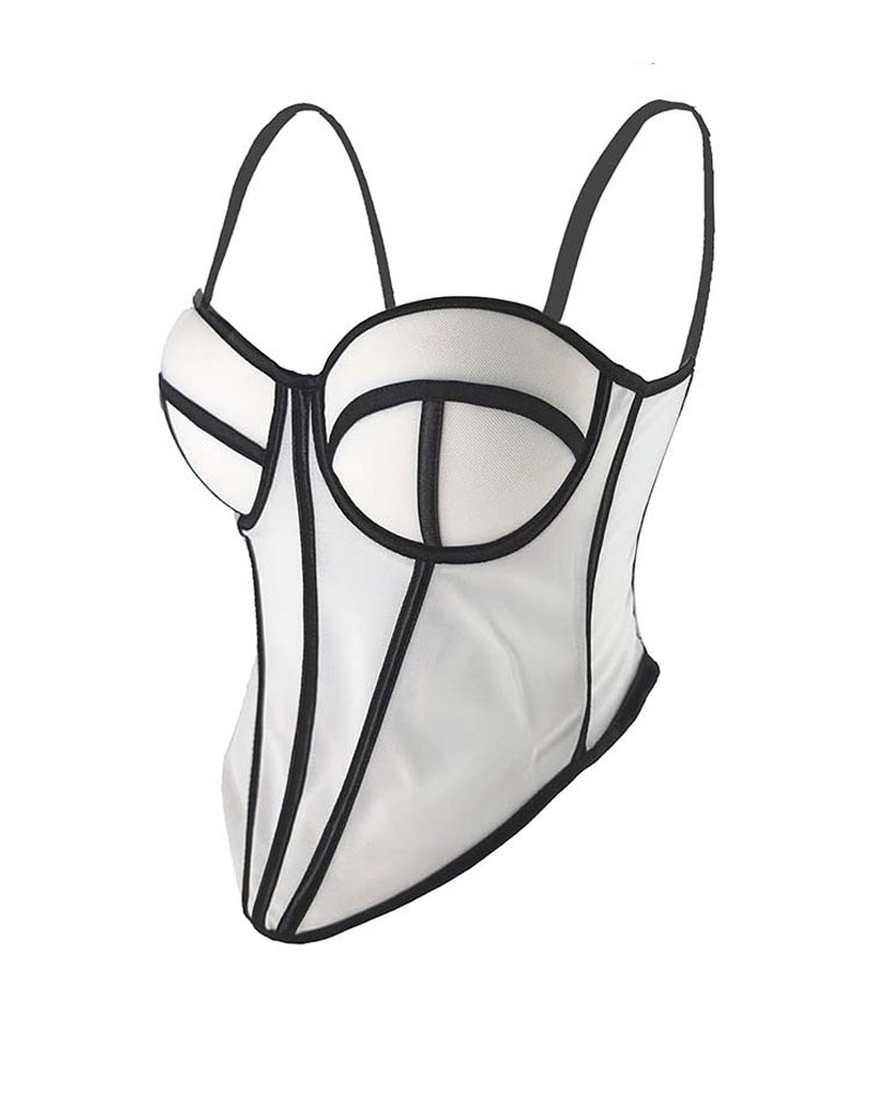 Sexy Herringbone Mesh Contrast Color Bustier Top