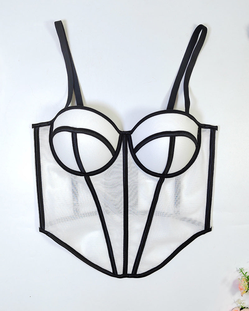 Sexy Herringbone Mesh Contrast Color Bustier Top