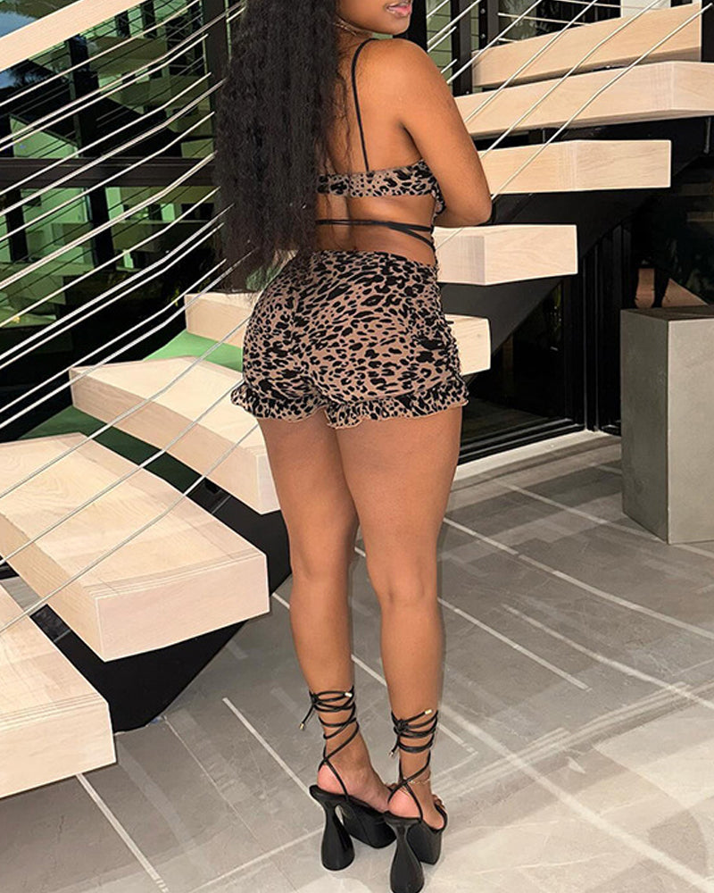 Sexy Leopard Print Low-Cut Hollow Lace-Up Backless Jumpsuit