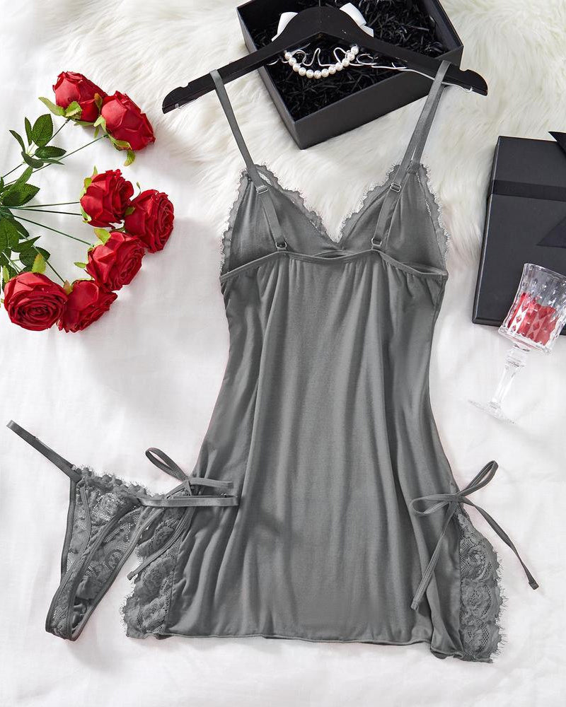 Sexy Bow Decorated Contrast Lace Suspender Nightdress Nightdress and Thong Set