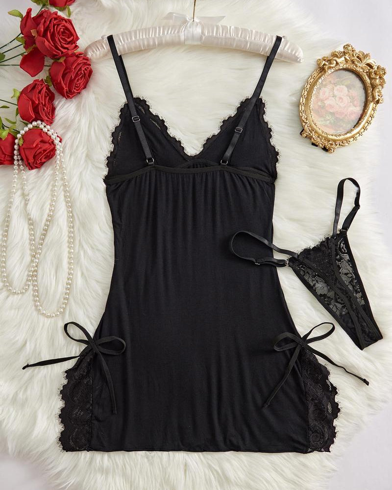Sexy Bow Decorated Contrast Lace Suspender Nightdress Nightdress and Thong Set