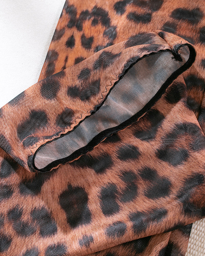 Sexy Leopard Push-Up Bra Underwear Thong Set With Stockings and Choker 6 Pieces Set