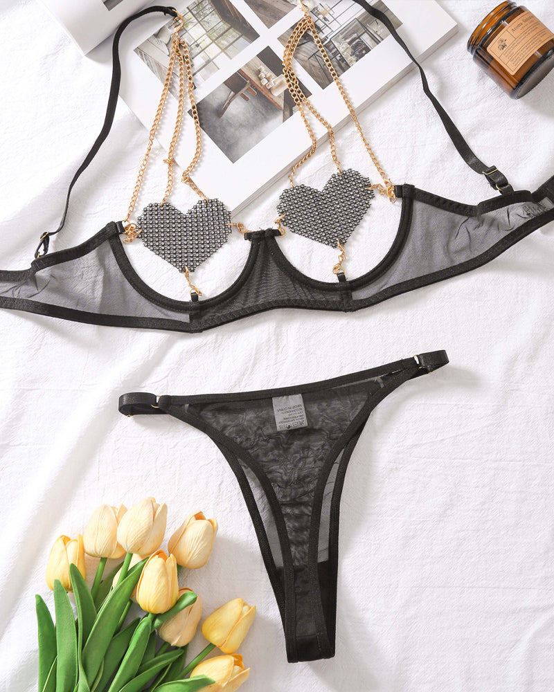 Sexy Metal Chain Suspender Heart Wire Ring Mesh See-through Pajama Set