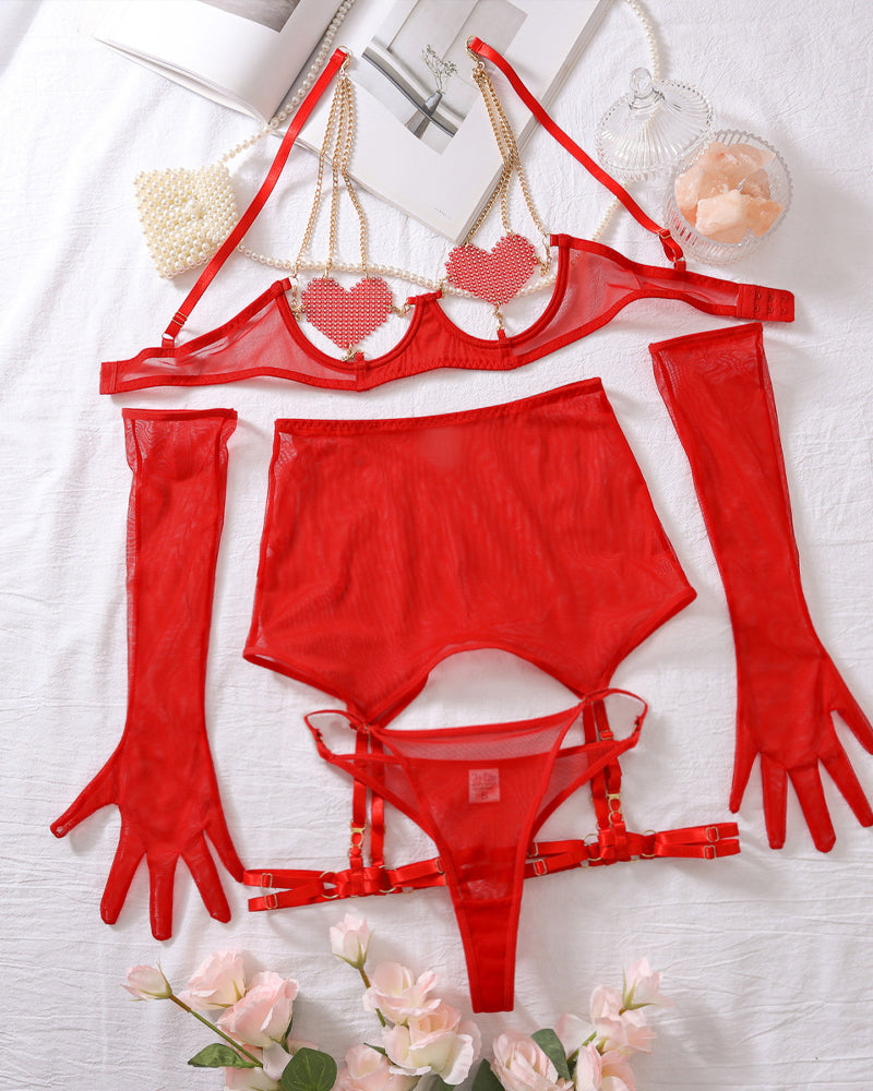 Sexy Metal Chain Suspender Heart Wire Ring Mesh See-through Pajama Set