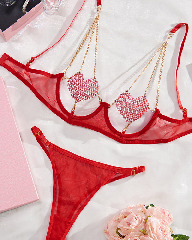 Sexy Metal Chain Suspender Heart Wire Ring Mesh See-through Pajama Set