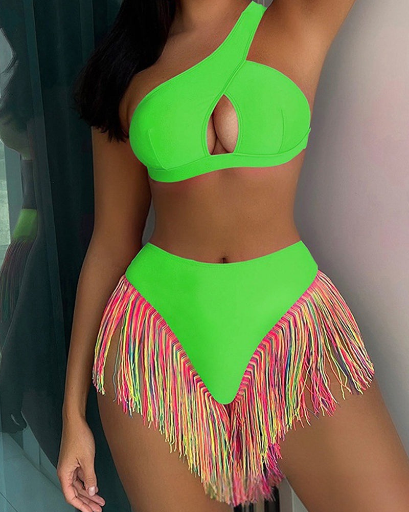 Women's Solid Fringe Hem Bikini Swimsuit