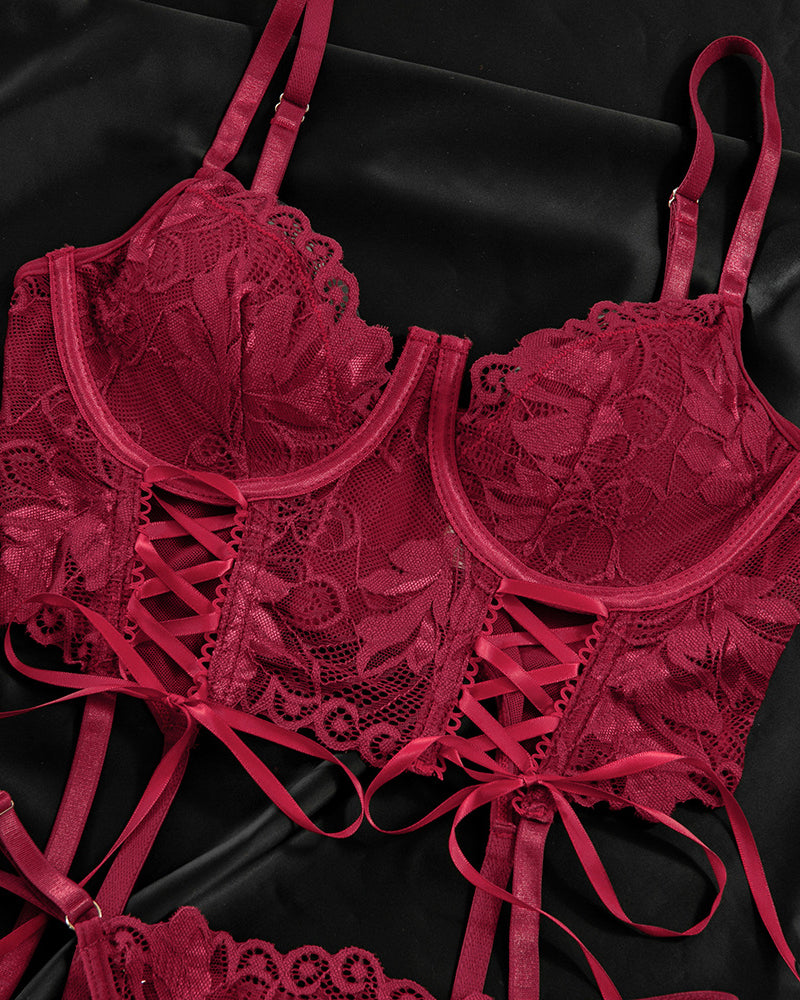 Sexy Lace Low-Cut Gathered String Bra and Thong Pajamas Set