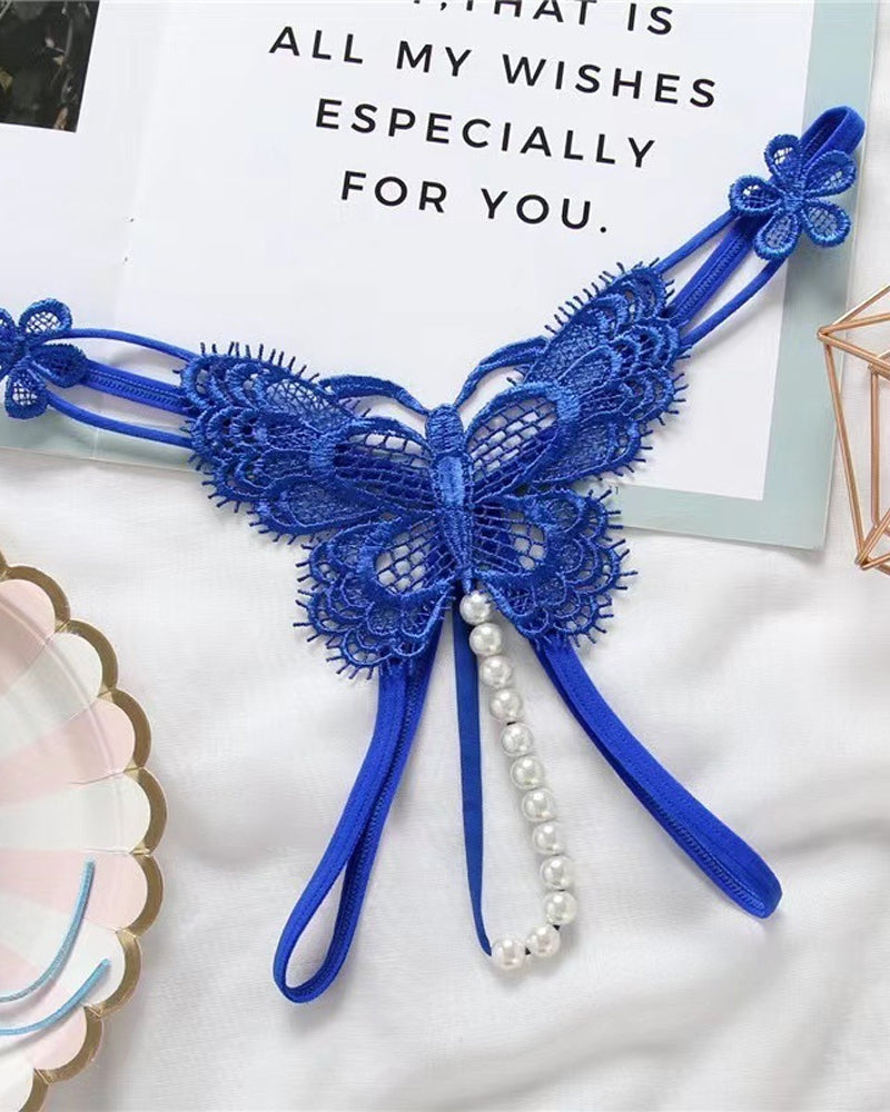 Sexy Lace Embroidery Crotchless Pearl Thong