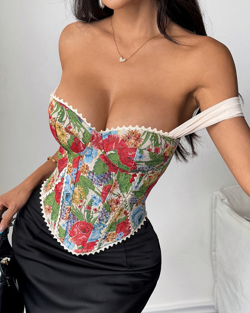 Retro Sexy Jacquard Palace Style Wrapped Chest Herringbone Top