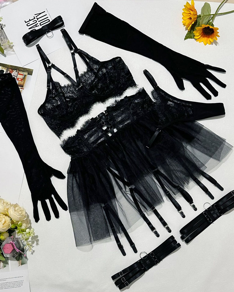 Sexy Lace See-Through Mesh Tulle Skirt Six-Piece Set