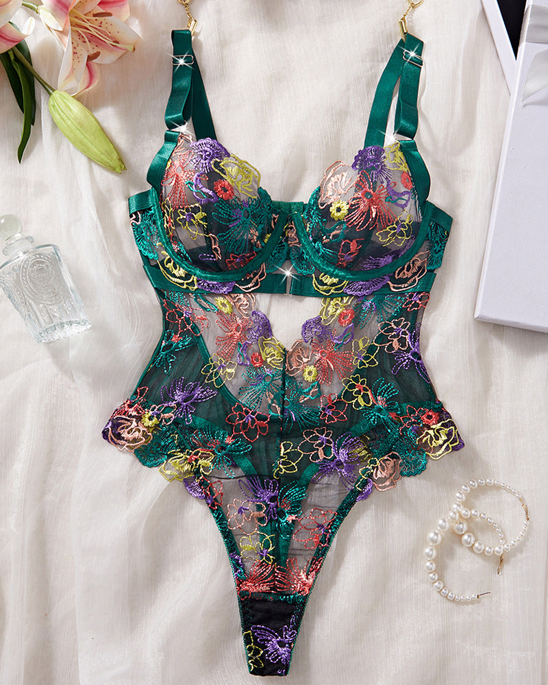 Colorful Flower Embroidery Sexy Lace Underwire Gathered Mesh Bodysuit