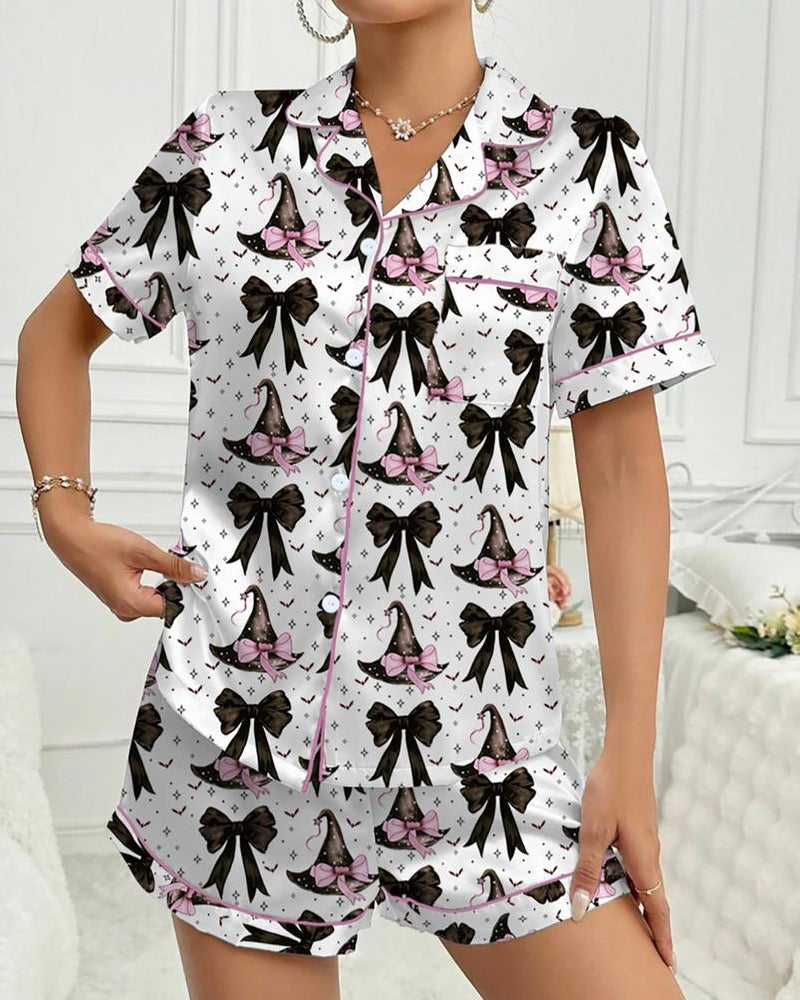 Women's Halloween Printed Casual Short Sleeve Top and Shorts Pajama Set