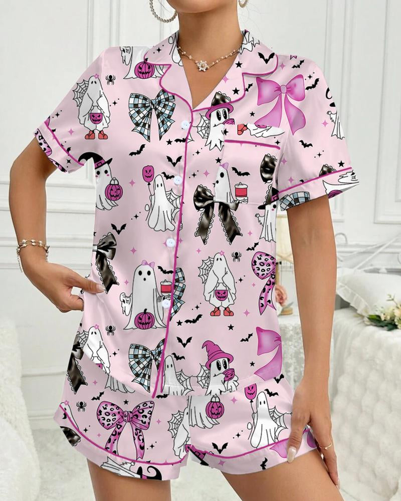 Women's Halloween Printed Casual Short Sleeve Top and Shorts Pajama Set