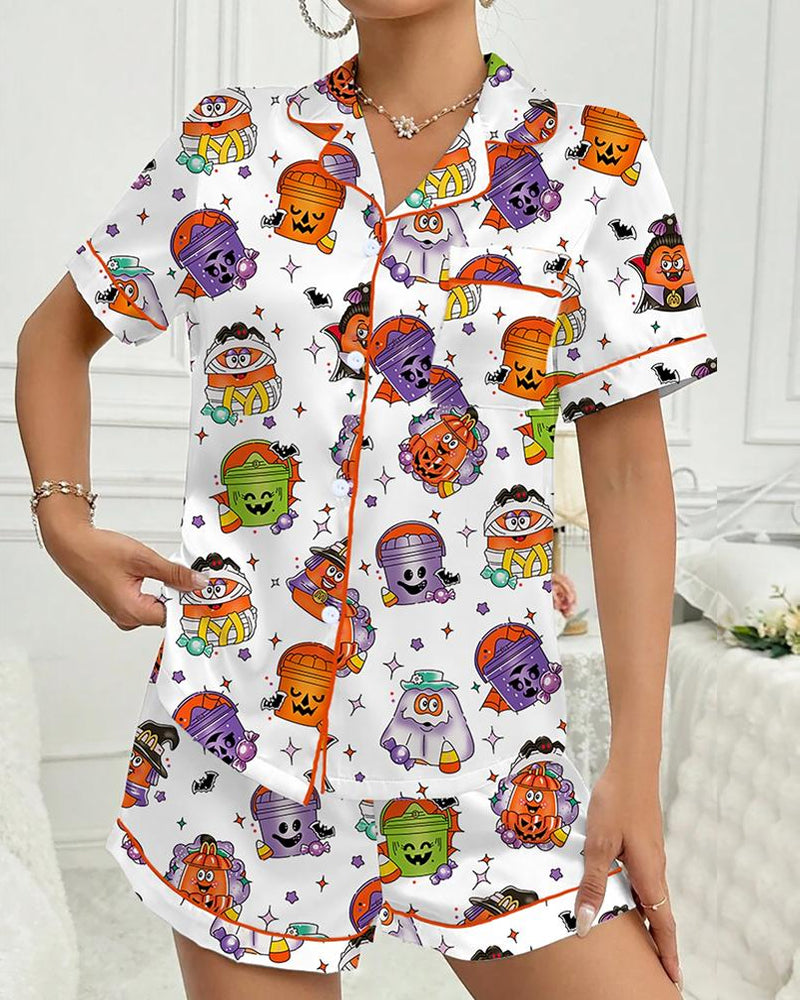 Women's Halloween Printed Casual Short Sleeve Top and Shorts Pajama Set
